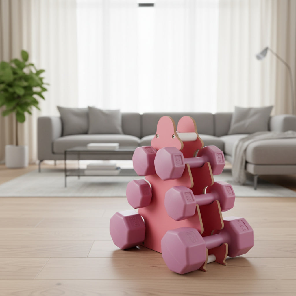 PSSPOR 3 Set Pembe Renk Dambıl Seti + Stand ( 2 Adet 1KG - 2 Adet 2KG - 2 Adet 3KG + Stand )