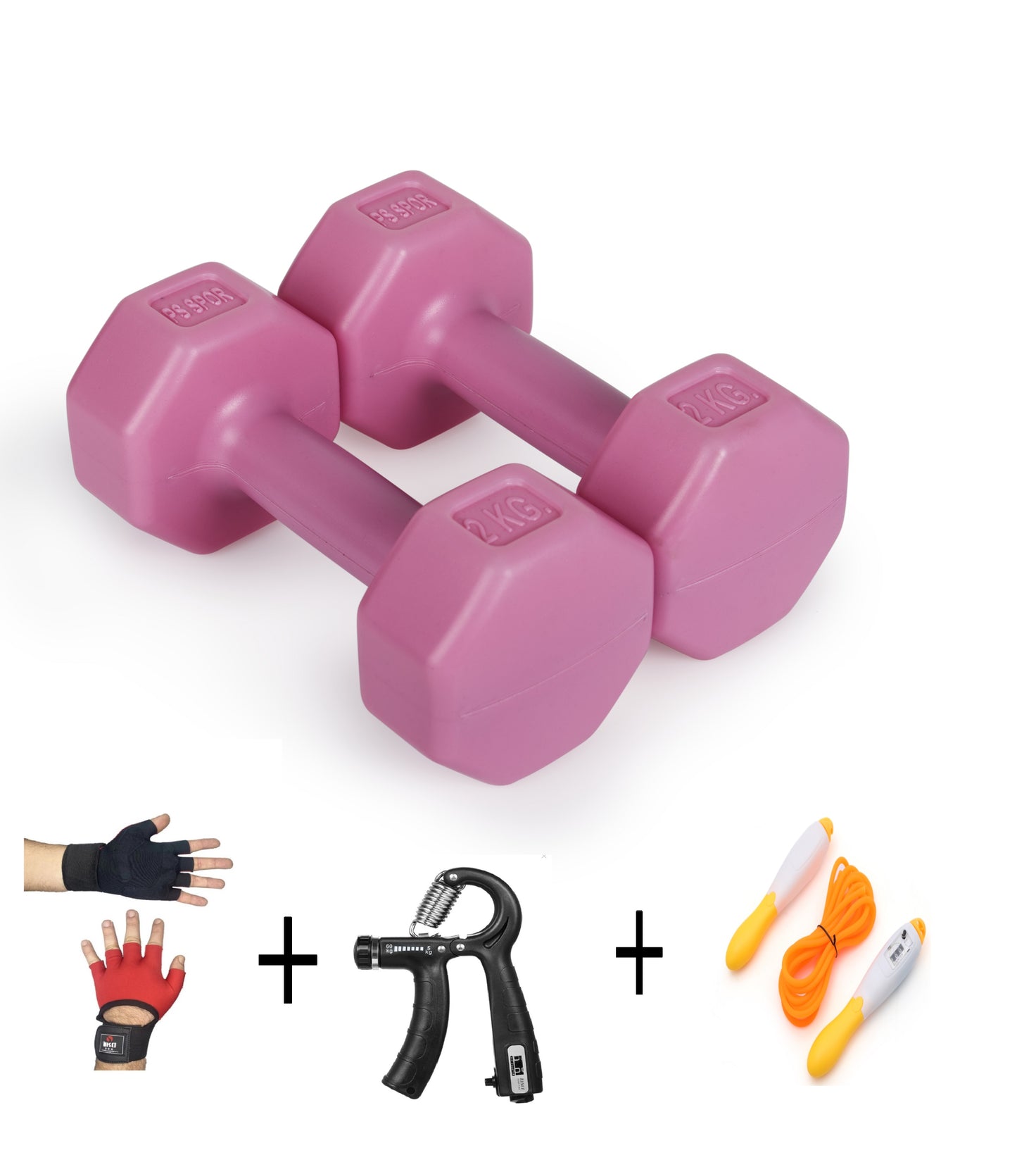 PSSPOR 2 X 2 PEMBE RENK DAMBIL SET + BODY ELDİVENİ - AYARLANABİLİR EL YAYI VE ATLAMA İPİ